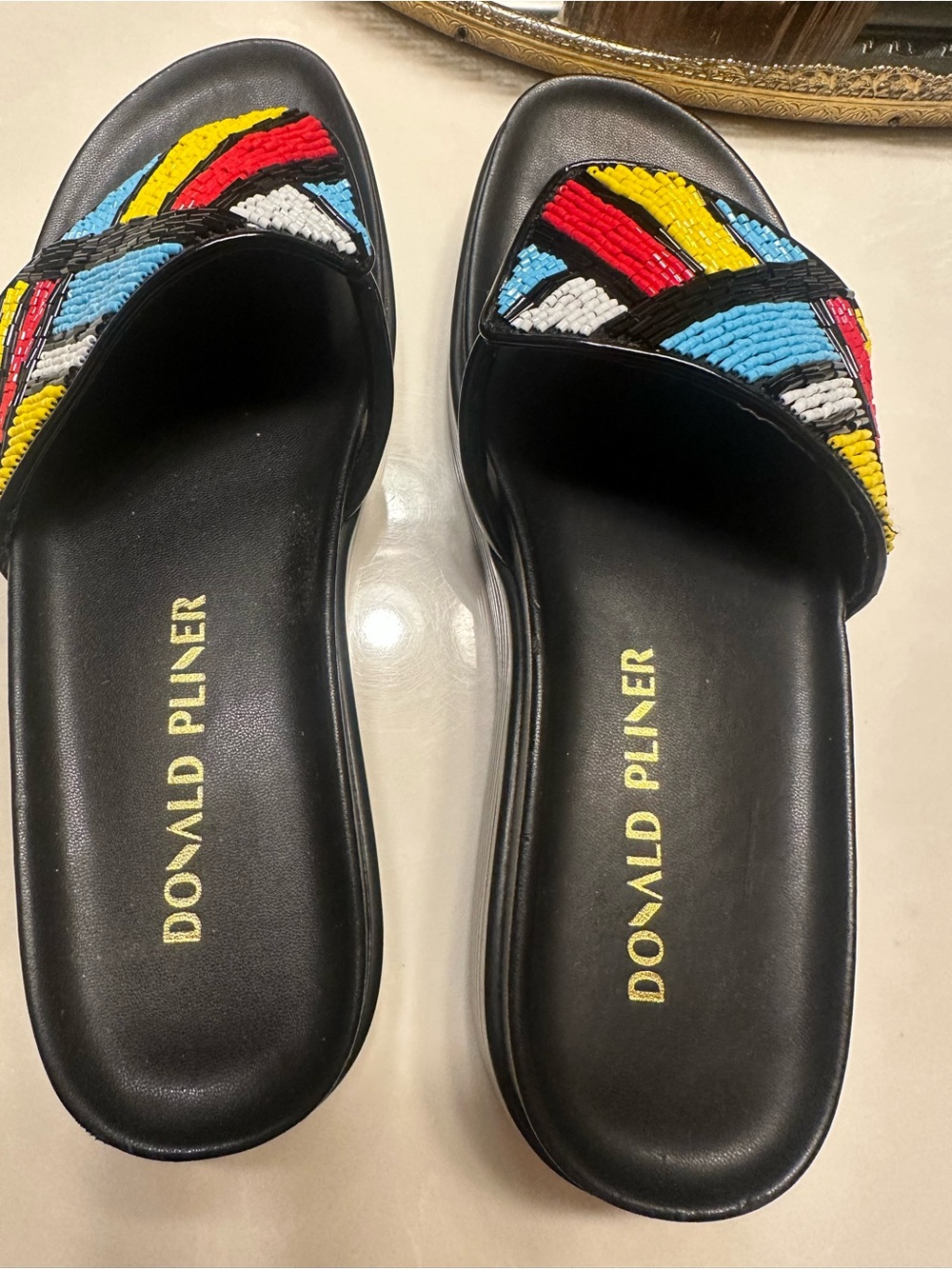Donald J. Pliner Black Slide Sandals with Multicolor Beaded Detail